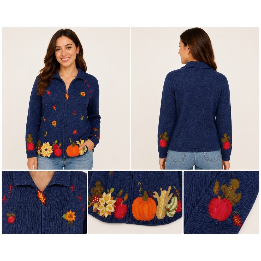 Tiara International Fall Harvest Cardigan Sweater Women's Large Pumpkin Zip - Picture 1 of 1